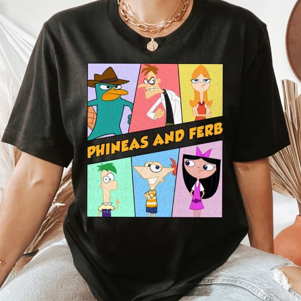 Disney Phineas and Ferb Retro 90s Group Characters T-Shirt, Phineas, Ferb, Perry